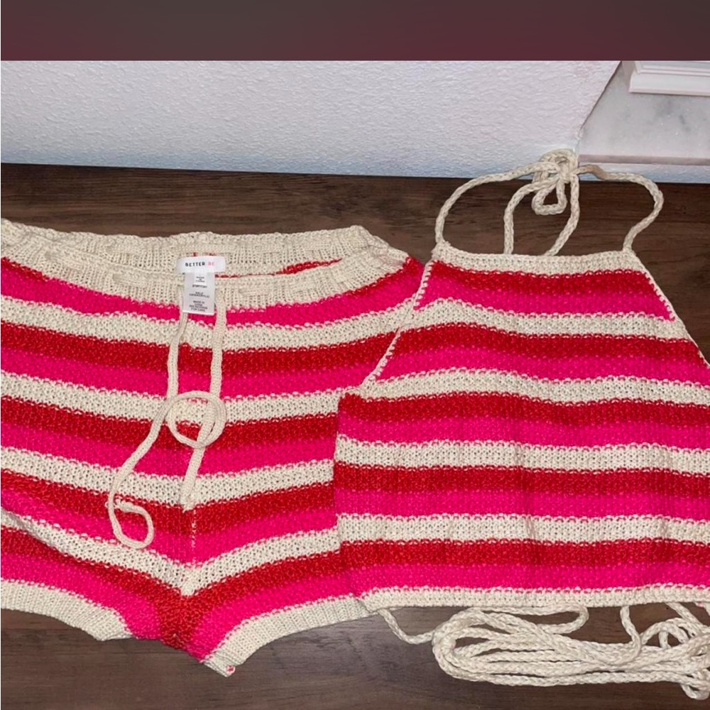 Striped Crochet Halter Top and Shorts Set